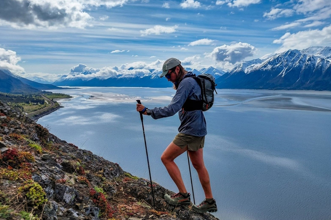 Hiker wearing the Hyperlite Pemi 15 on a rocky trail above a lake