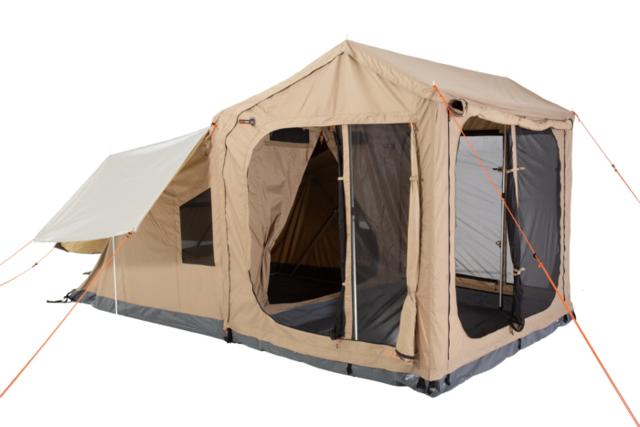 A tan canvas tent on a white background
