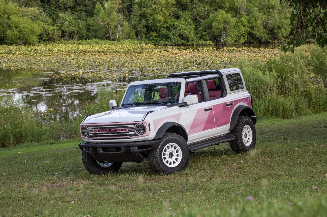 A pink and white Ford Bronco is parked on grass in front of a pond.