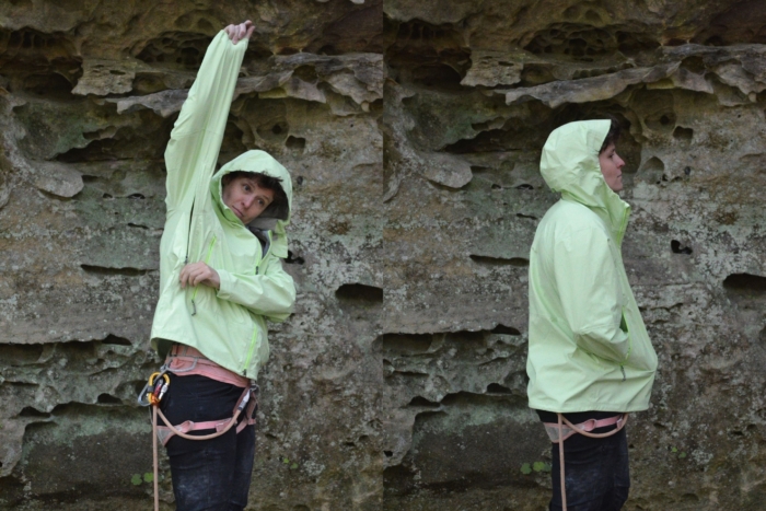 side by side of person show pit zips and then standing in jacket