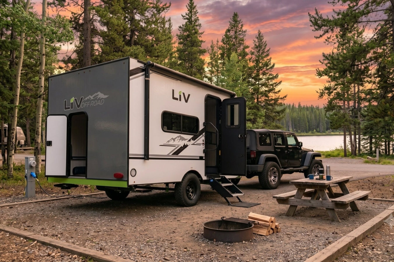 A white travel trailer with its doors open is parked in a campsite at sunset
