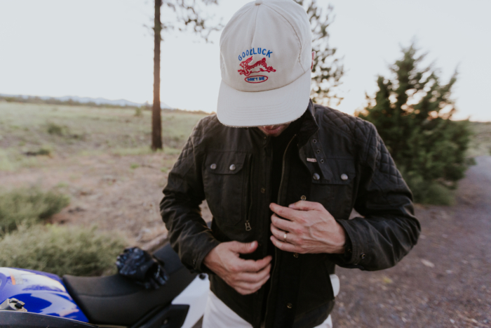 Rider Sean Galaway testing motorcycle jackets; photo credit Josh Wray