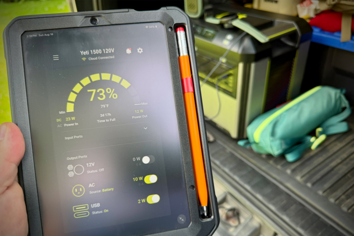 Goal Zero Yeti 1500 monitored through the mobile app showing battery level and power use