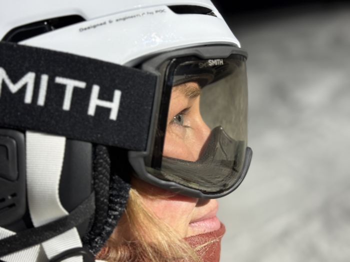 Morgan Tilton testing Smith Preview ChromaPop Snow Goggles; photo/Dane Tudor