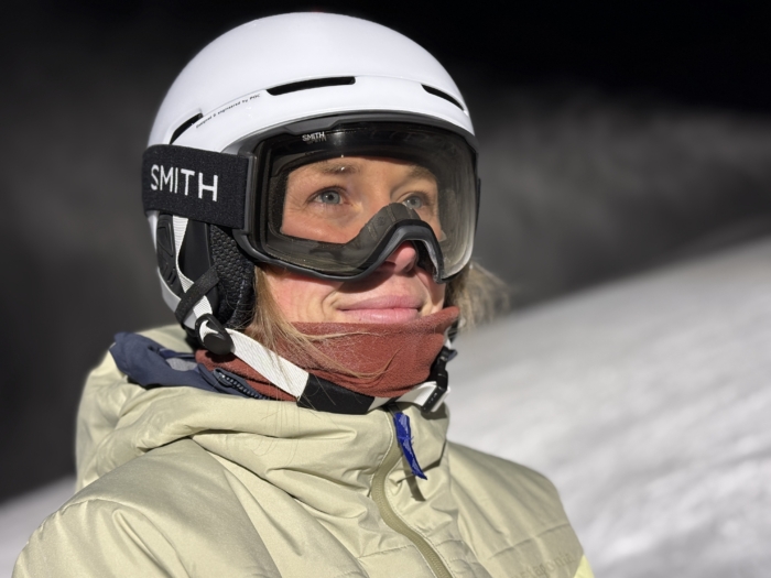 Morgan Tilton testing Smith Preview ChromaPop Snow Goggles; photo/Dane Tudor