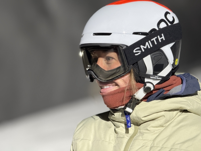 Morgan Tilton testing Smith Preview ChromaPop Snow Goggles; photo/Dane Tudor