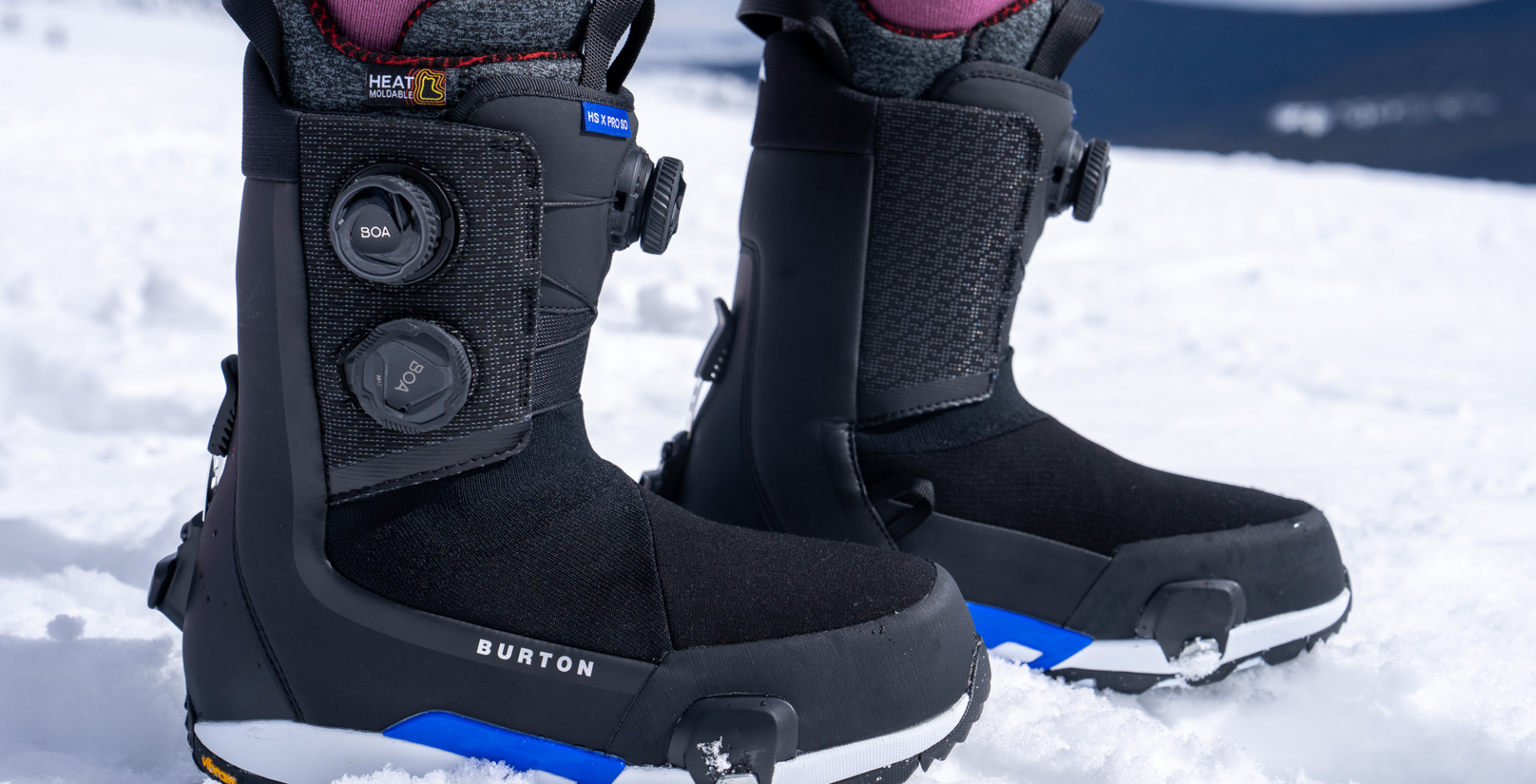 portrait of Burton Highshot X Pro Step On snowboard boots on snow