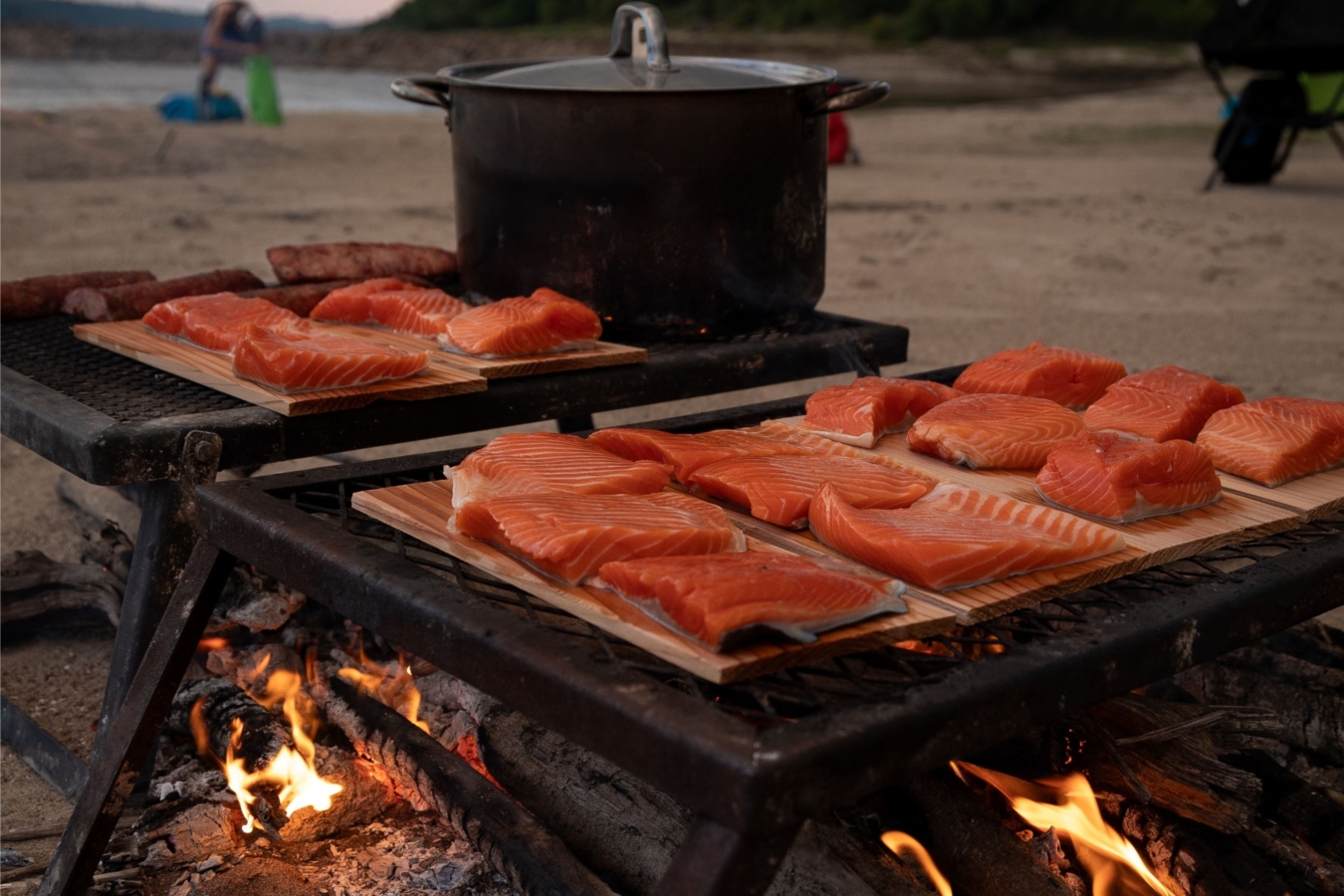 salmon being cooked over open fire