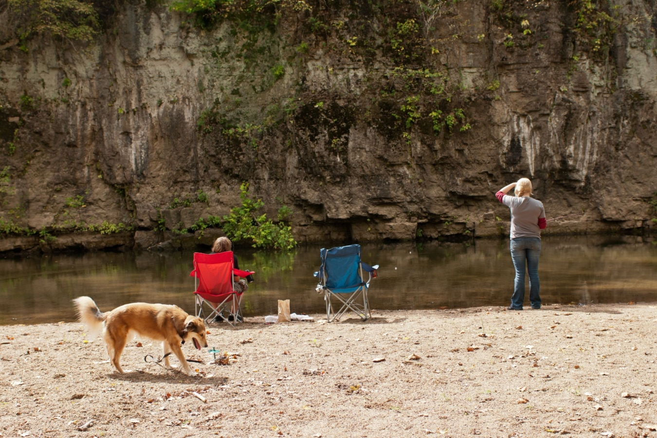 two people and dog on shoreline of river