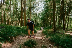 hiker goes through forest with poles
