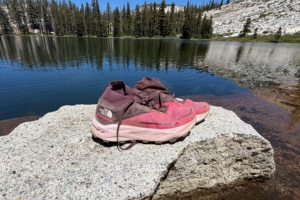 pair of shoes on rock by lake