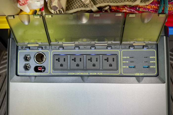 Yeti 1500 output panel with AC outlets USB ports and 12V connections
