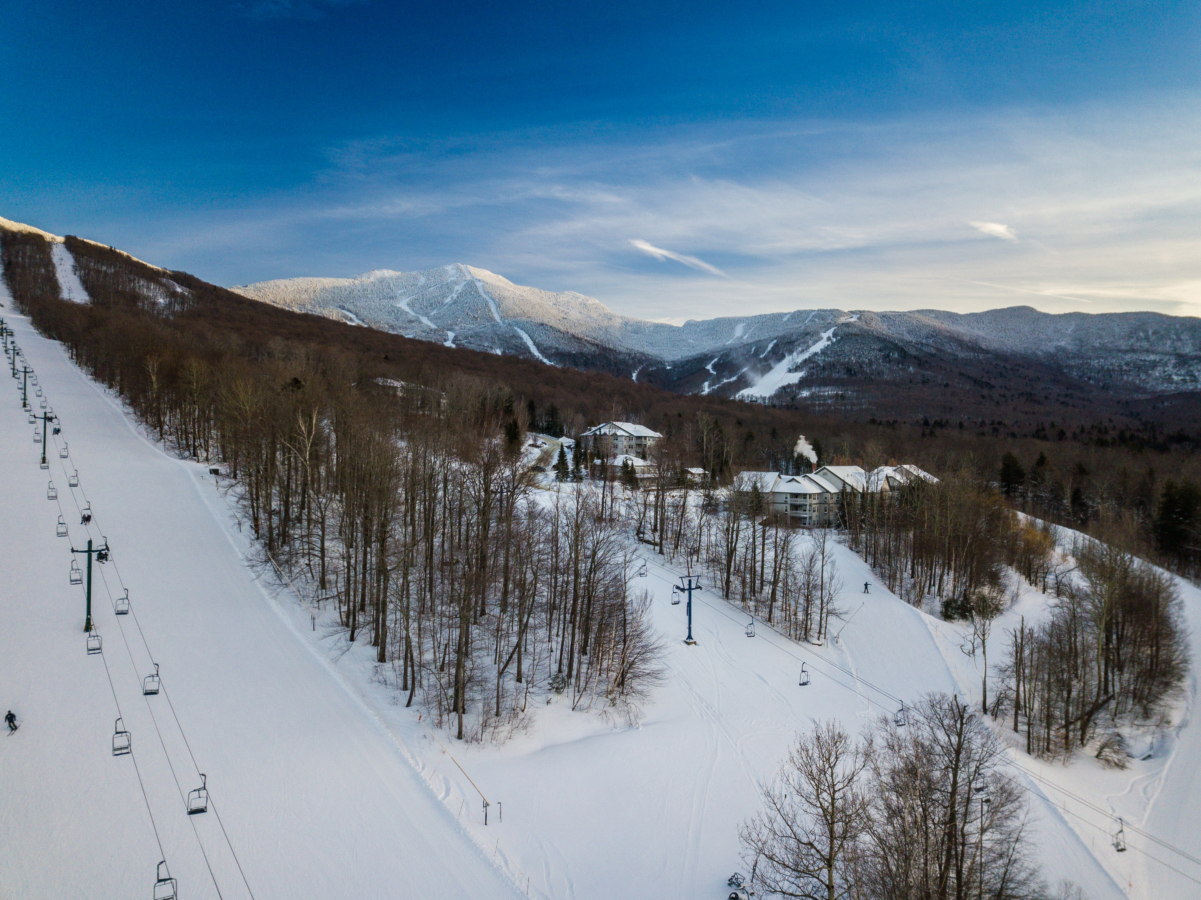 Aerial view of skiers descending Smuggler's Notch Resort in Vermont
