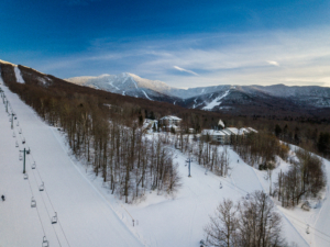Aerial view of skiers descending Smuggler's Notch Resort in Vermont
