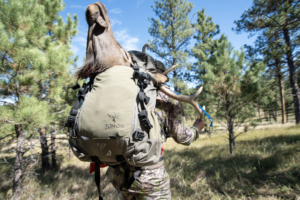 A hunter packing out an elk in the mountains using the Kings Camo XKG Summit 5200 Backpack