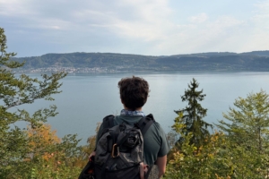 rear view of person overlooking lake