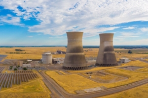 overhead view of 2 nuclear power plant reactors