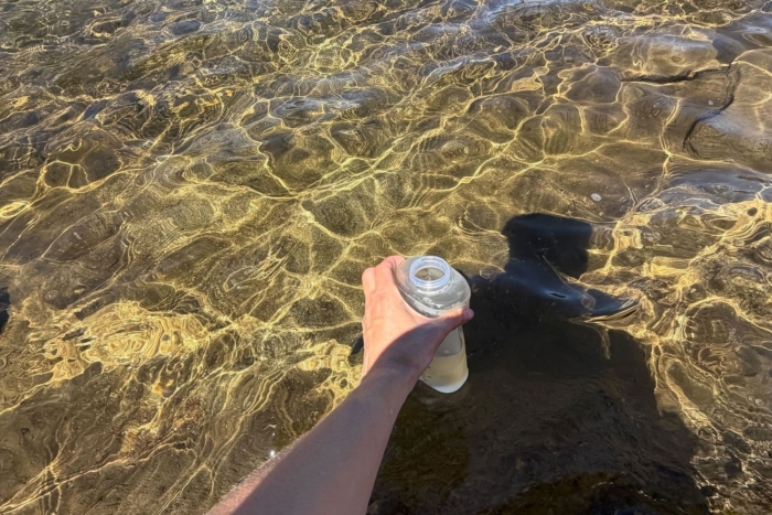 person fills up water bottle in lake