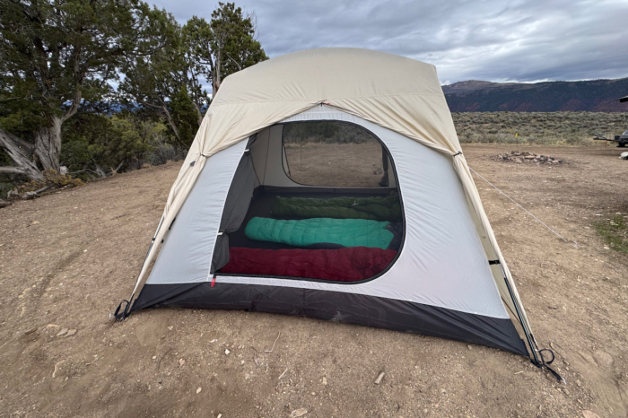 Alpha Breeze tent rear mesh window with sleeping bags visible inside