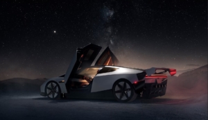 A Tesla Roadster sits with its doors up and lights on.