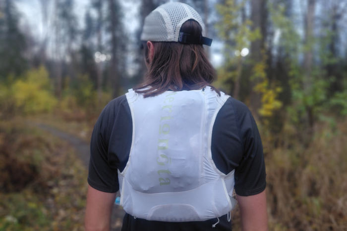 Rear view of the Terignota Valhalla vest showing its white back panel and side pockets