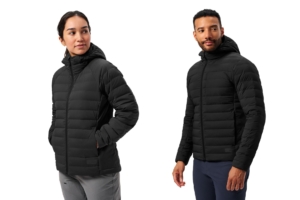 side by side of woman and man wearing black down jacket