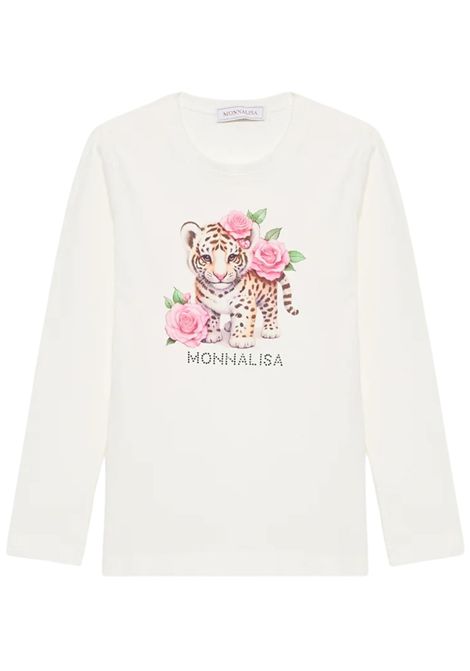Cream cotton T-shirt for girls Monnalisa | 11F627/ANPANNA