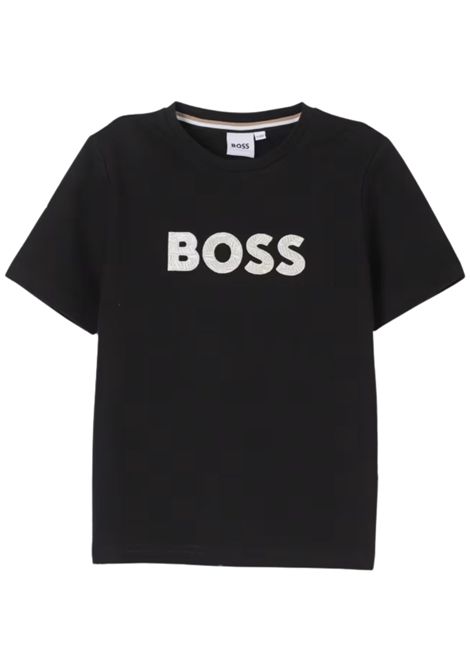 T-shirt bambino nera in cotone Hugo Boss | J52049/MANERO