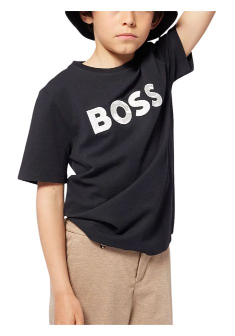 T-shirt bambino nera in cotone Hugo Boss | J52049/MANERO