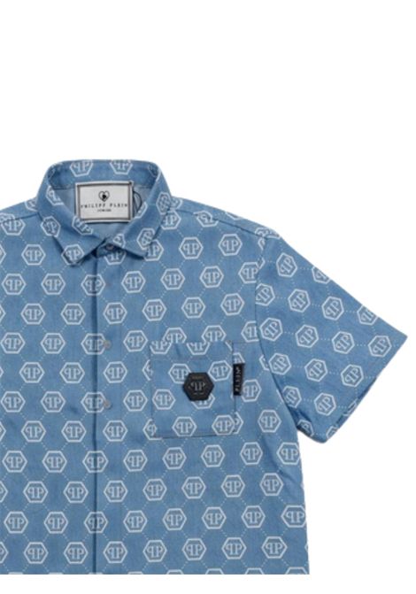Camicia bambino azzurra con logo Philipp Plein | BSI011DENIM