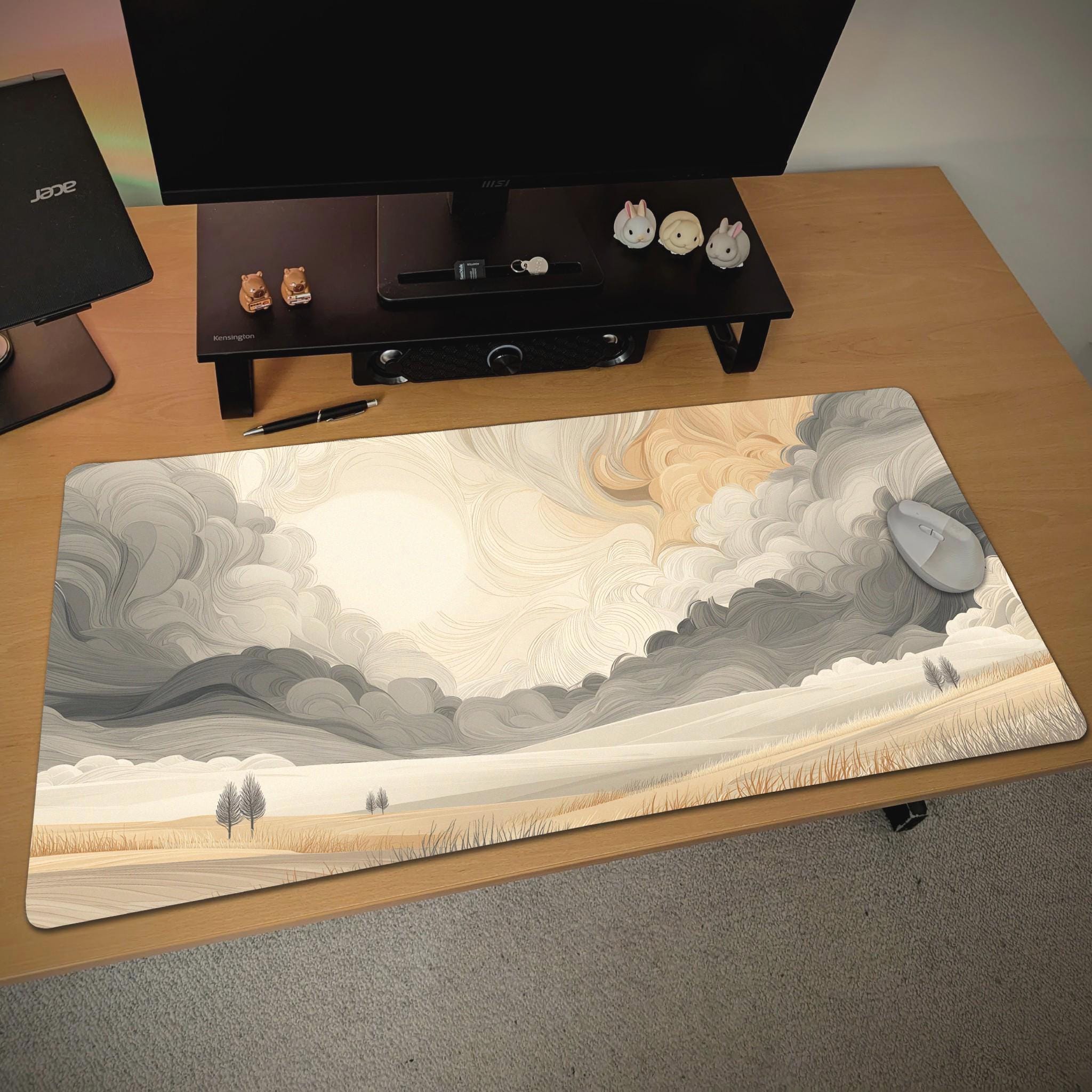 Abstract Swirling Cloud Desk Mat – Beige Gray Landscape, Rolling Hills Art Desk Pad
