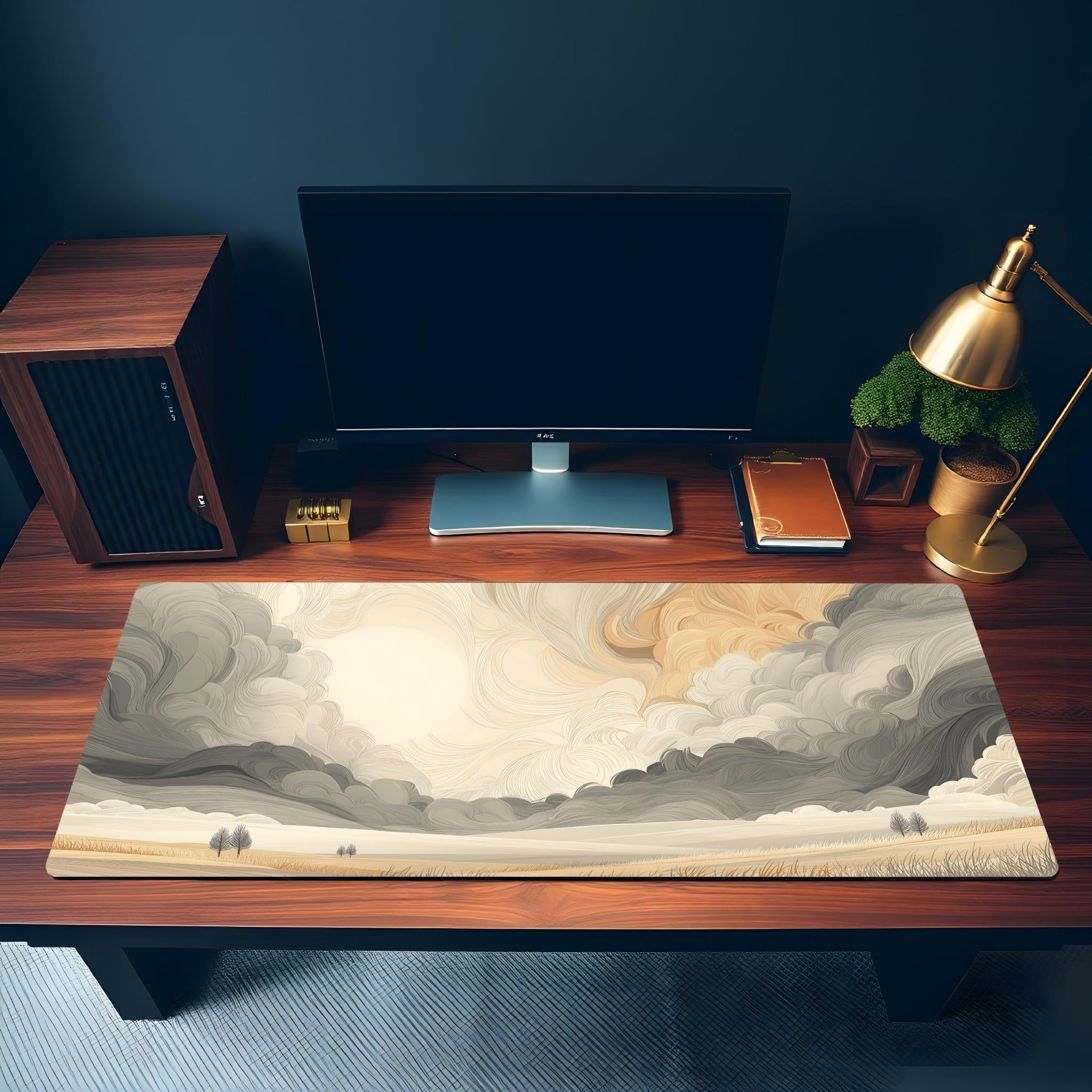 Abstract Swirling Cloud Desk Mat – Beige Gray Landscape, Rolling Hills Art Desk Pad Abstract Swirling Cloud Desk Mat – Beige Gray Landscape, Rolling Hills Art Desk Pad
