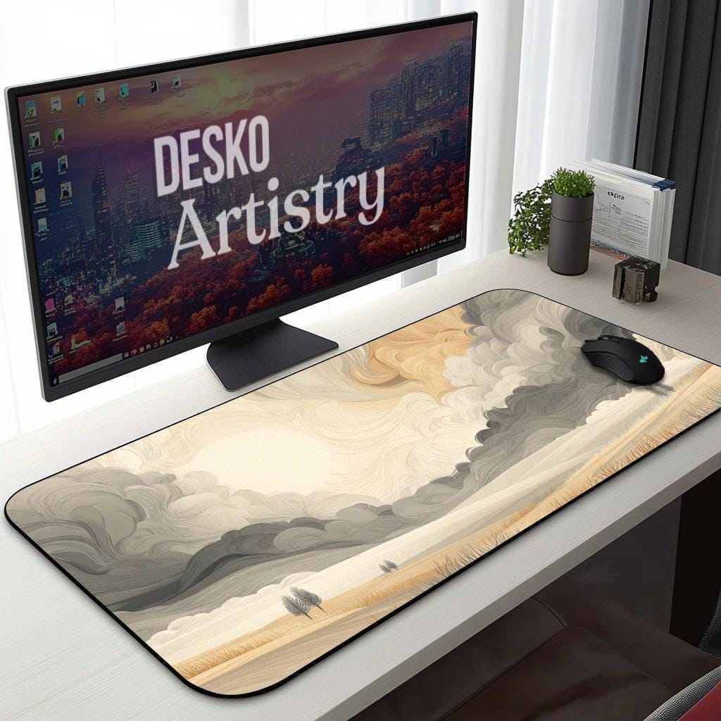 Abstract Swirling Cloud Desk Mat – Beige Gray Landscape, Rolling Hills Art Desk Pad Abstract Swirling Cloud Desk Mat – Beige Gray Landscape, Rolling Hills Art Desk Pad