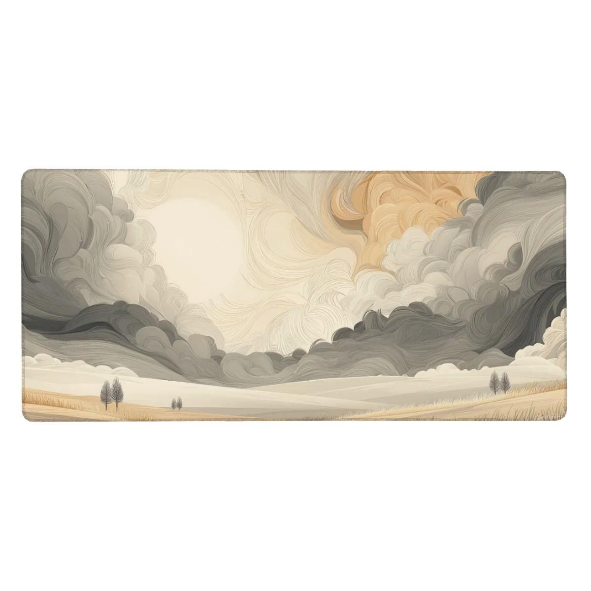 Abstract Swirling Cloud Desk Mat – Beige Gray Landscape, Rolling Hills Art Desk Pad Abstract Swirling Cloud Desk Mat – Beige Gray Landscape, Rolling Hills Art Desk Pad