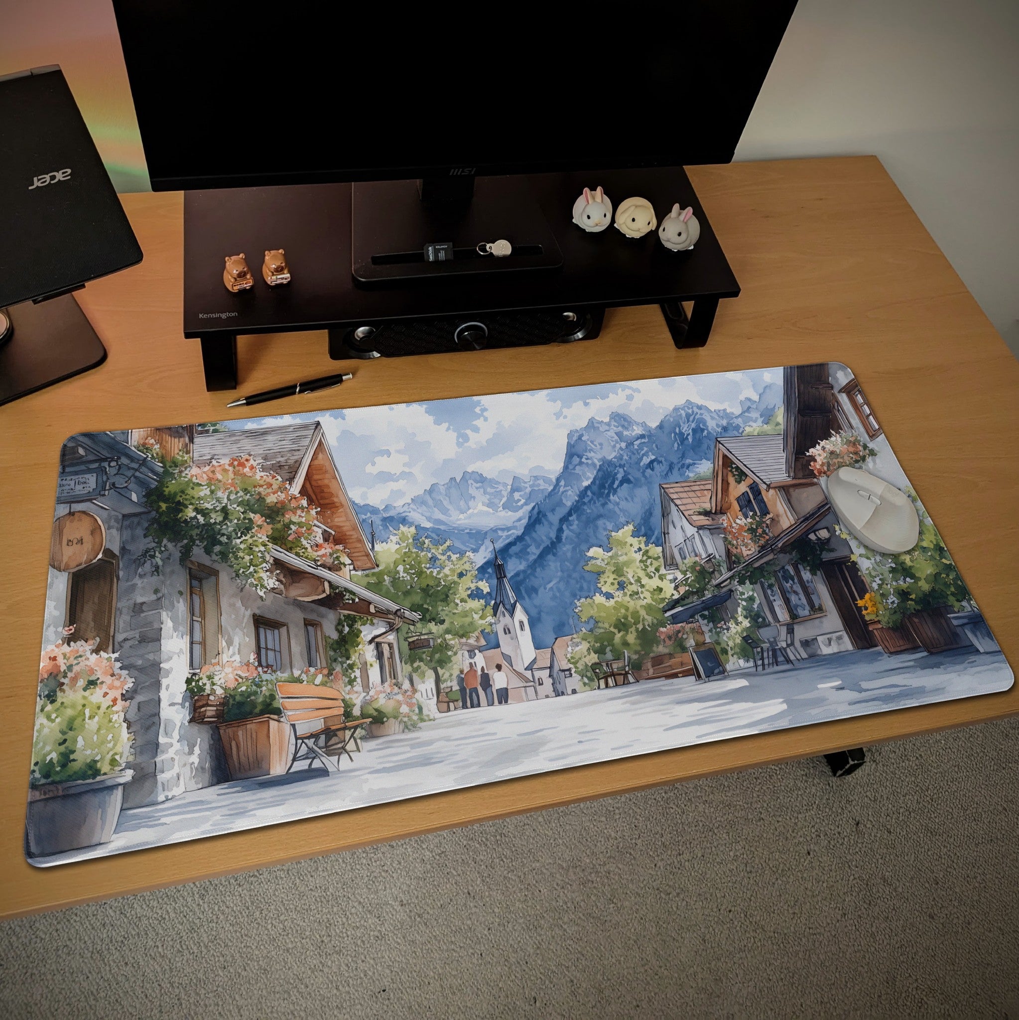 Aesthetic European Town Street Desk Mat  Watercolor Style Alpine Landscape Mouse Pad