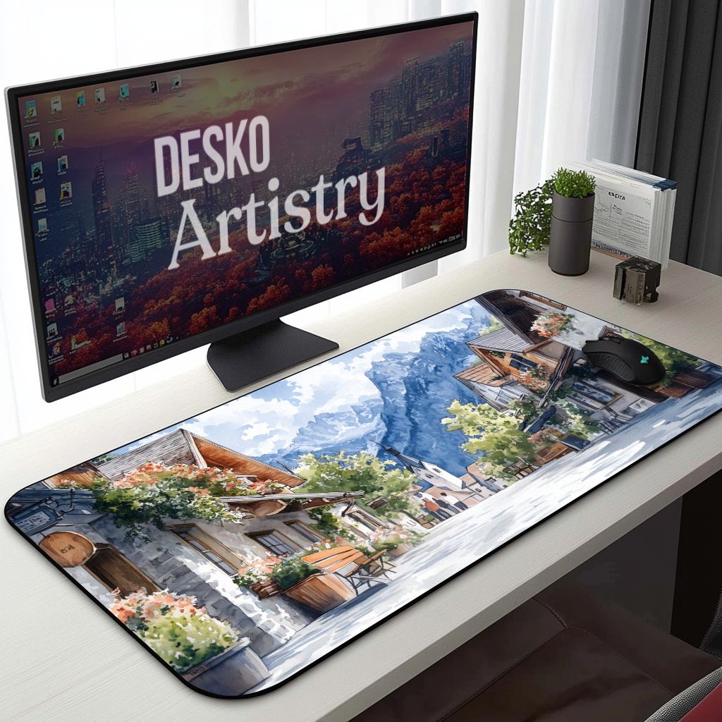 Aesthetic European Town Street Desk Mat Watercolor Style Alpine Landscape Mouse Pad Aesthetic European Town Street Desk Mat Watercolor Style Alpine Landscape Mouse Pad