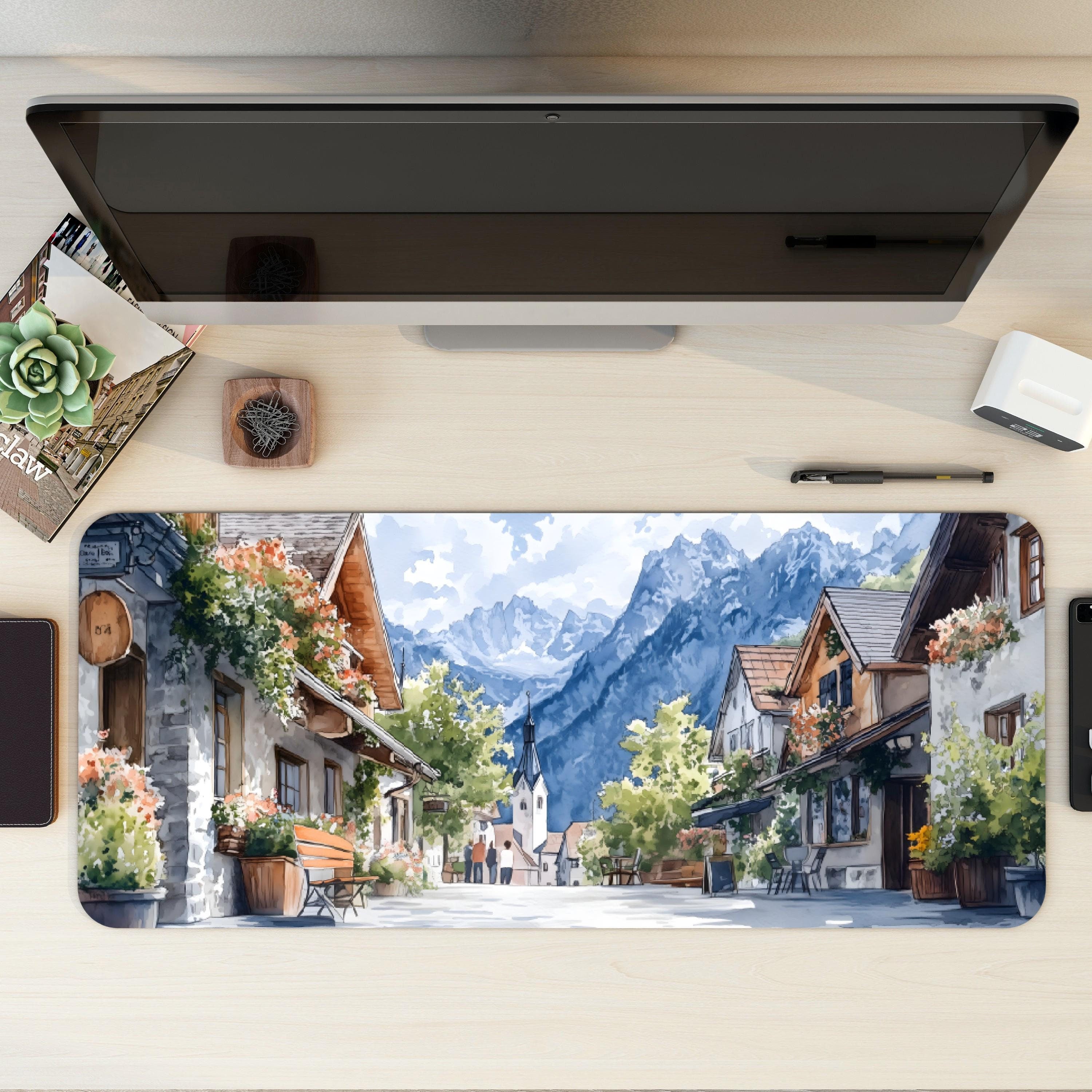 Aesthetic European Town Street Desk Mat Watercolor Style Alpine Landscape Mouse Pad Aesthetic European Town Street Desk Mat Watercolor Style Alpine Landscape Mouse Pad