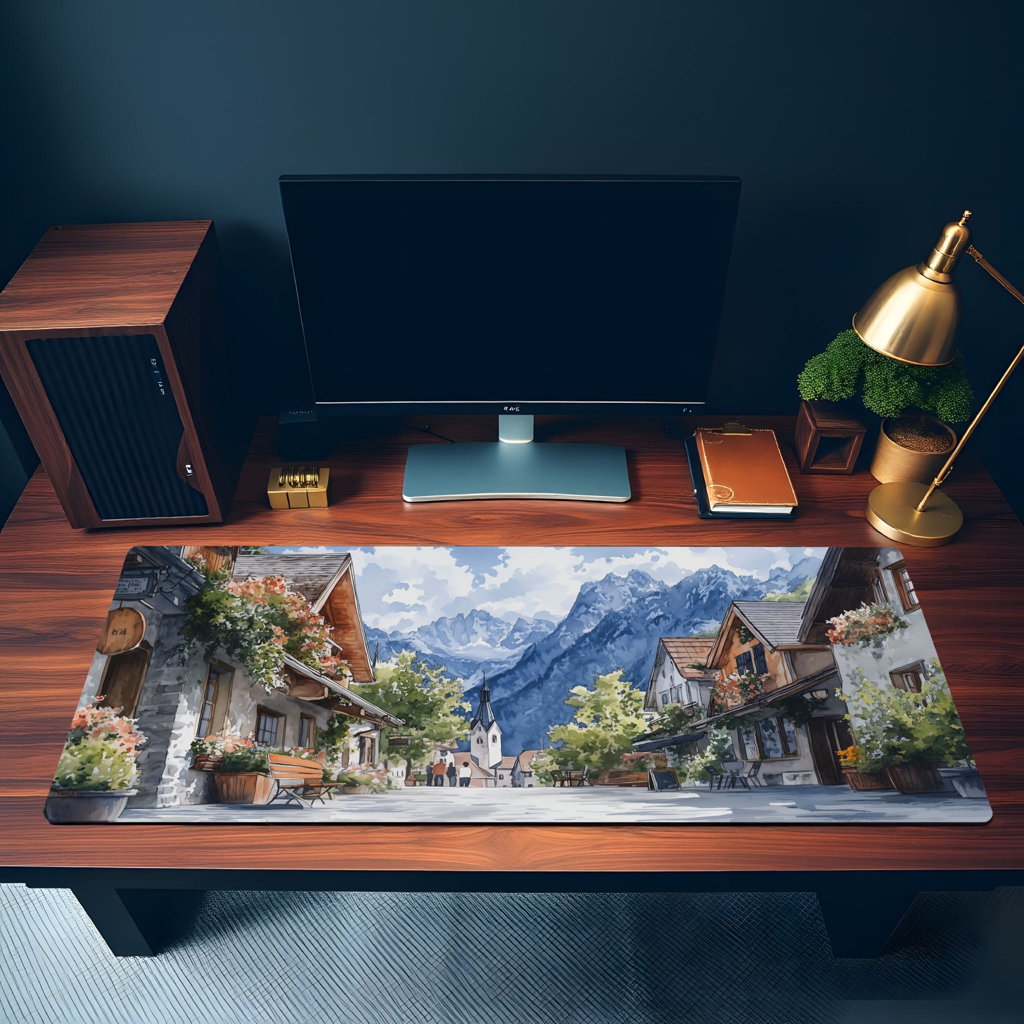 Aesthetic European Town Street Desk Mat Watercolor Style Alpine Landscape Mouse Pad Aesthetic European Town Street Desk Mat Watercolor Style Alpine Landscape Mouse Pad