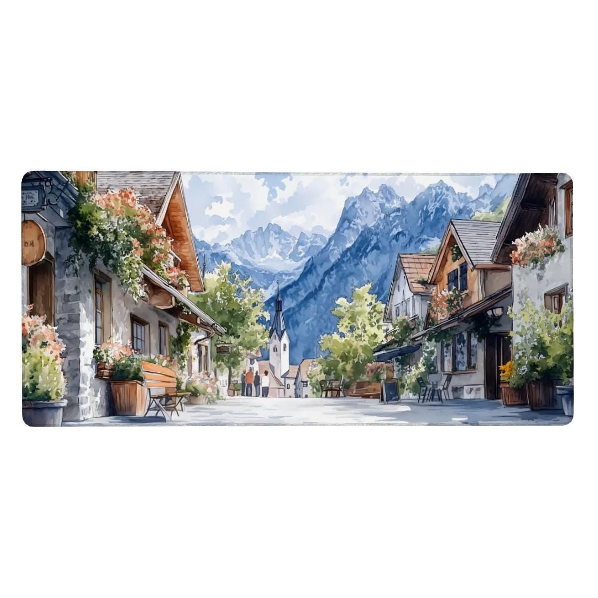 Aesthetic European Town Street Desk Mat Watercolor Style Alpine Landscape Mouse Pad Aesthetic European Town Street Desk Mat Watercolor Style Alpine Landscape Mouse Pad