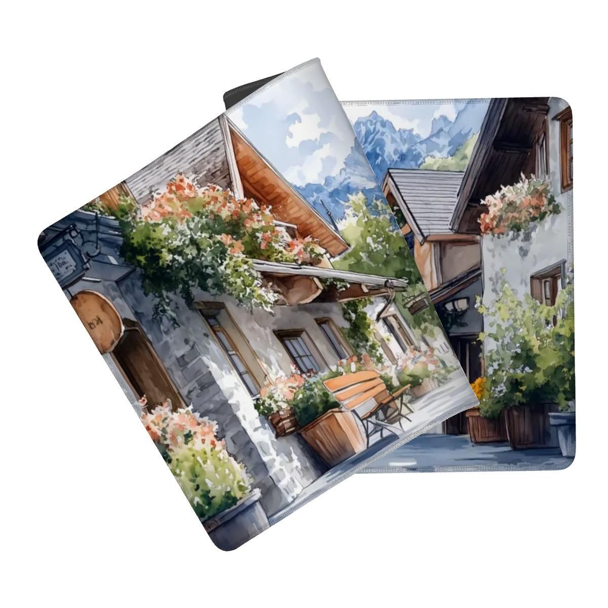 Aesthetic European Town Street Desk Mat Watercolor Style Alpine Landscape Mouse Pad Aesthetic European Town Street Desk Mat Watercolor Style Alpine Landscape Mouse Pad