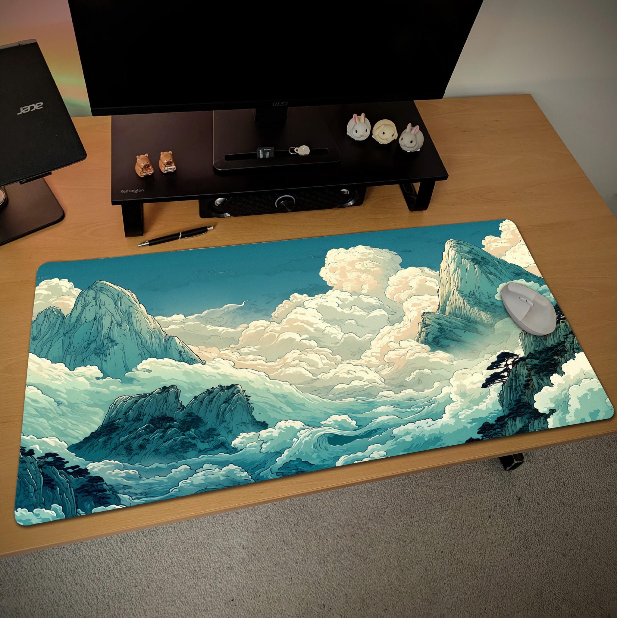 Anime Cloud Mountain Desk Mat – Teal Blue Sky, Dreamy Landscape Desk Pad