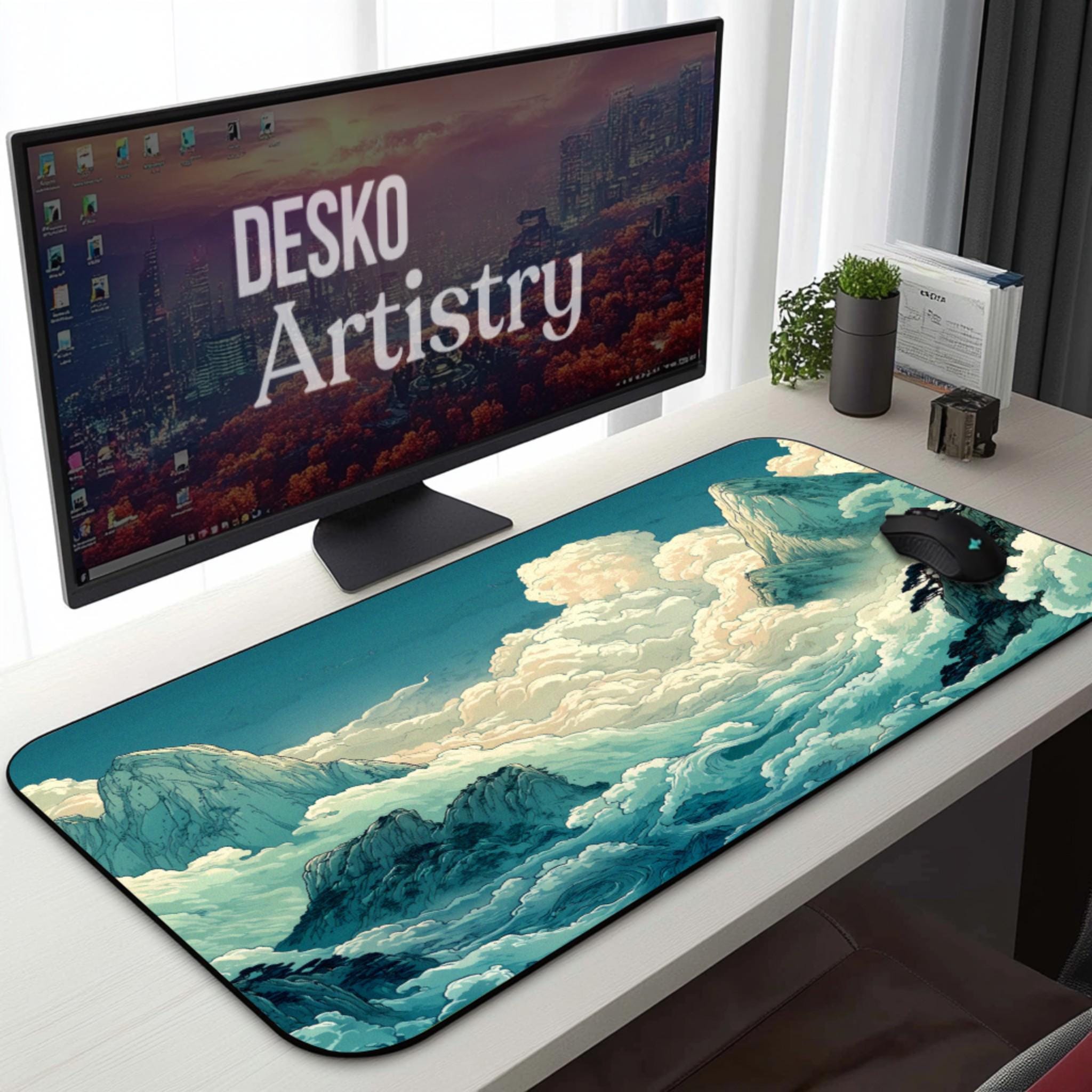 Anime Cloud Mountain Desk Mat – Teal Blue Sky, Dreamy Landscape Desk Pad Anime Cloud Mountain Desk Mat – Teal Blue Sky, Dreamy Landscape Desk Pad