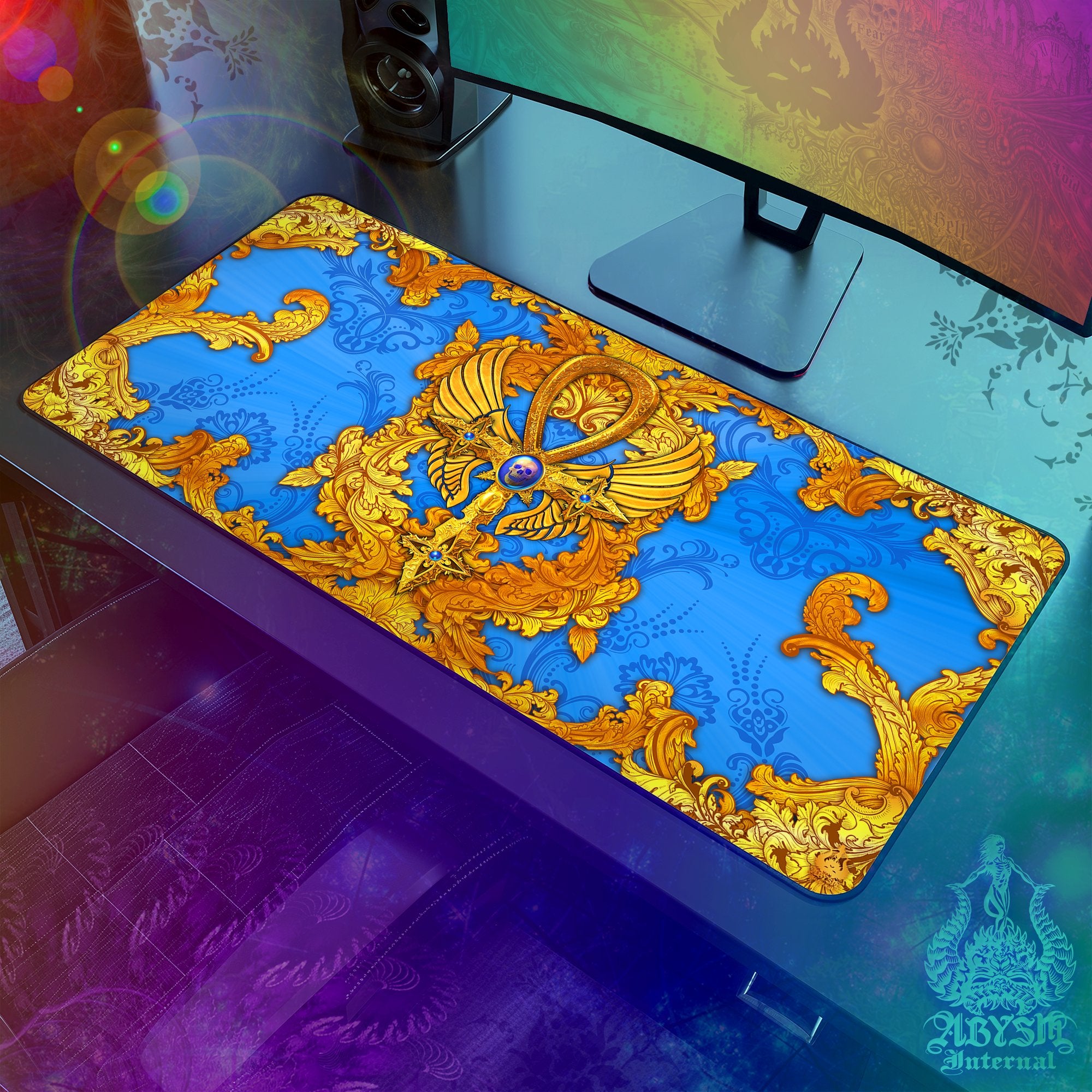 Ankh Mouse Pad, Gold Cross Gaming Desk Mat, Occult Workpad, Cyan Gold Table Protector Cover, Art Print