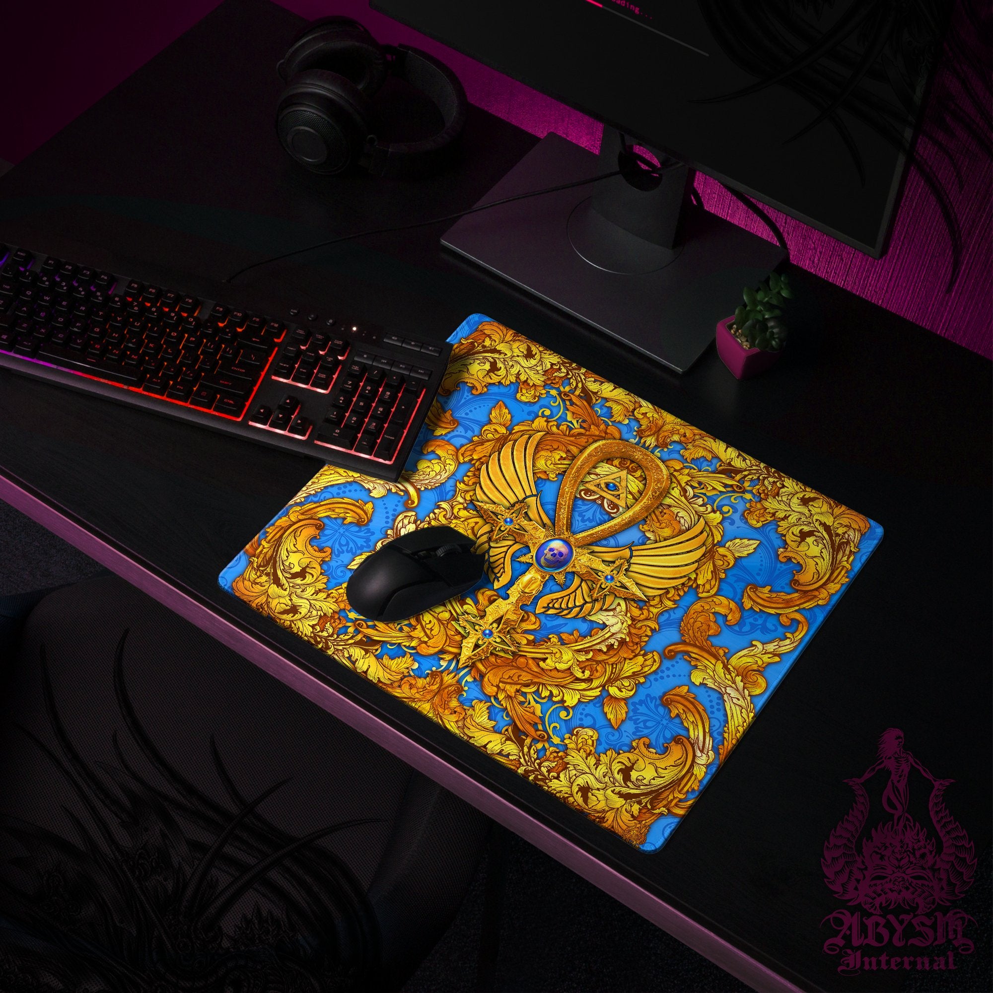 Ankh Mouse Pad, Gold Cross Gaming Desk Mat, Occult Workpad, Cyan Gold Table Protector Cover, Art Print Ankh Mouse Pad, Gold Cross Gaming Desk Mat, Occult Workpad, Cyan Gold Table Protector Cover, Art Print