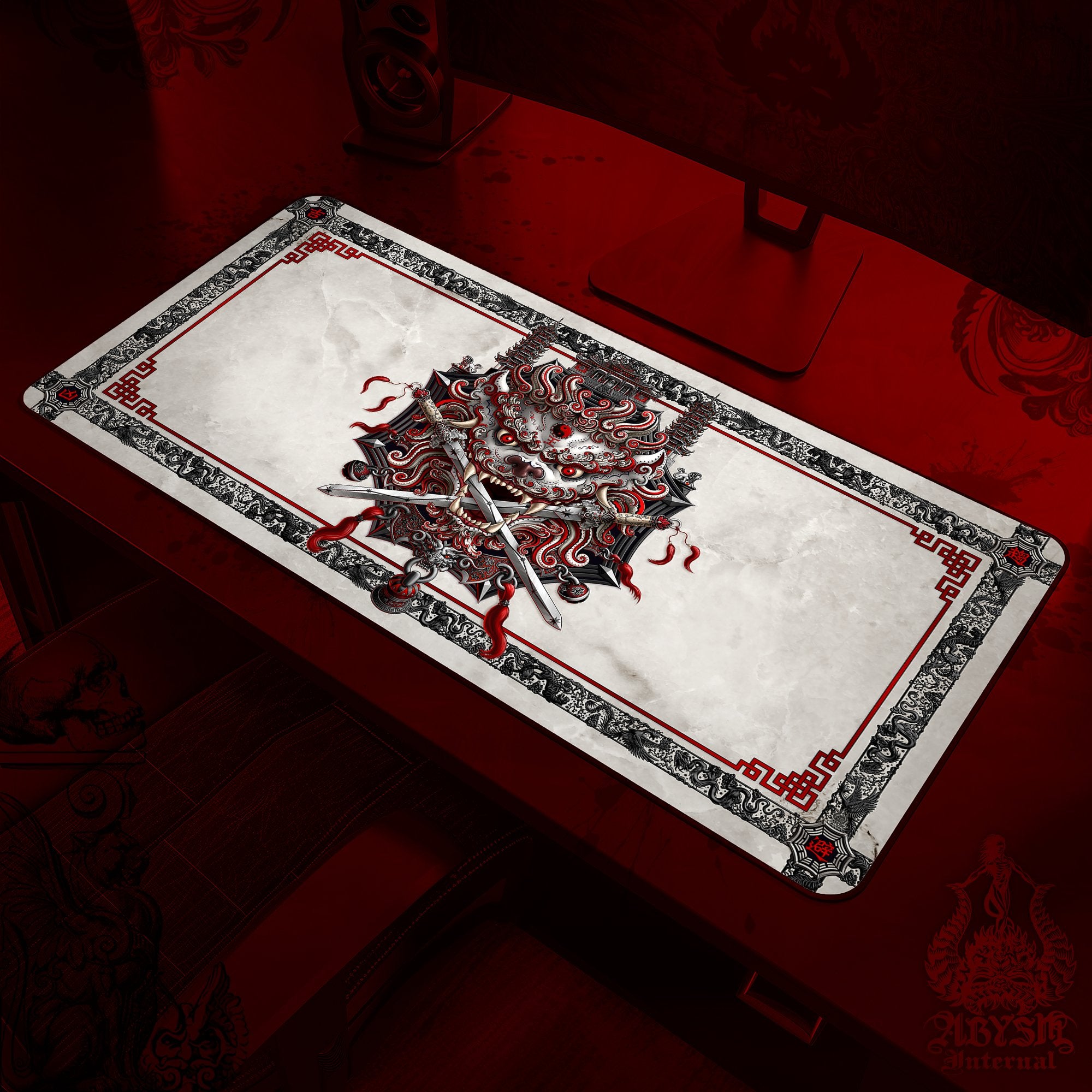 Asian Lion Workpad, Taiwan Desk Mat, Chinese Gaming Mouse Pad, Bloody White Goth Table Protector Cover, Fantasy Art Print – Red