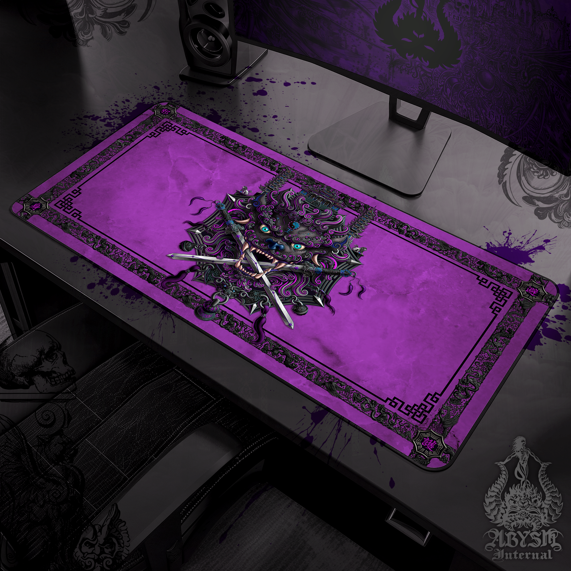 Asian Lion Workpad, Taiwan Desk Mat, Chinese Gaming Mouse Pad, Pastel Goth Table Protector Cover, Fantasy Art Print – Black and Purple