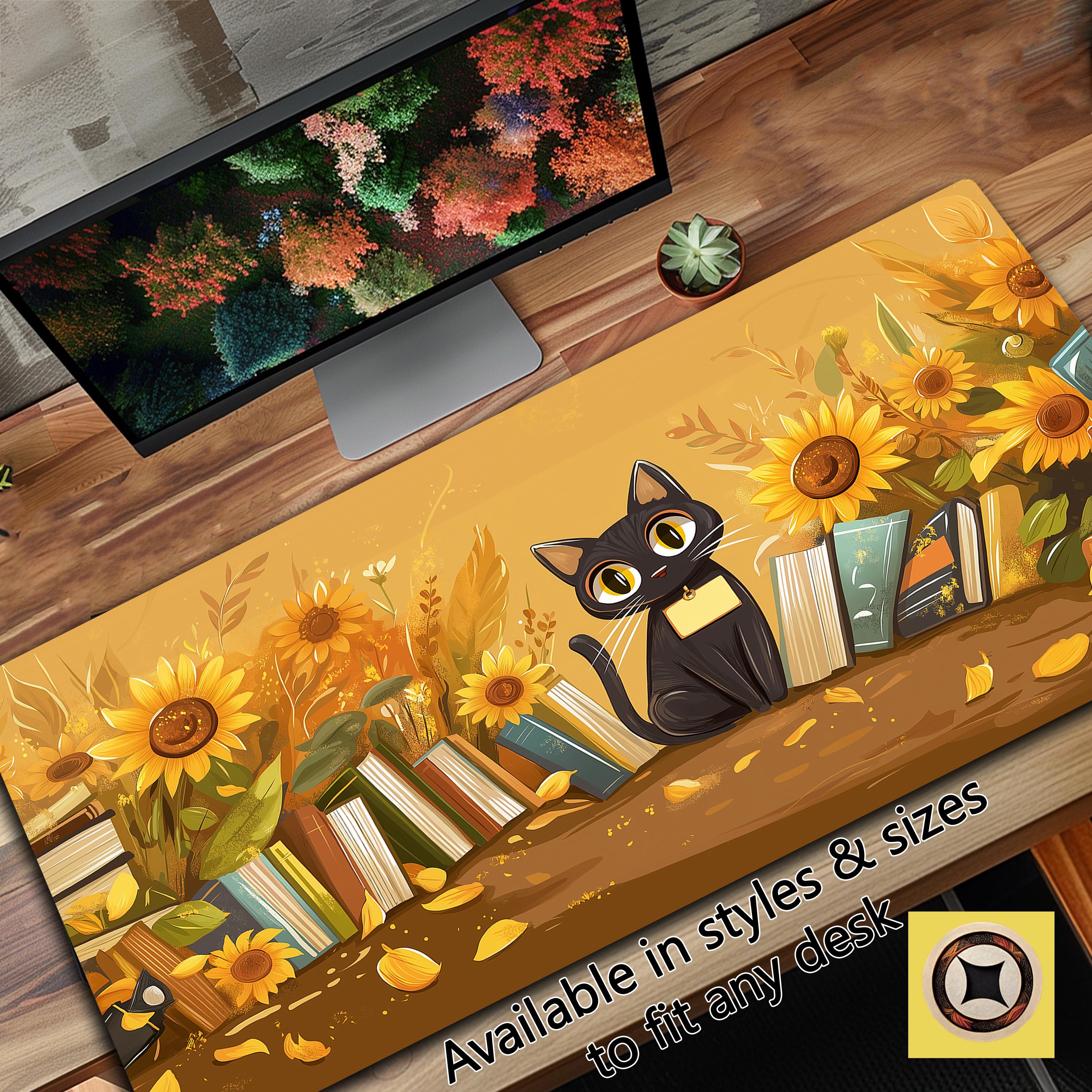 Black Cat Whimsy Desk Mat Mousepad – Whimsicall Black Cat, Sunflowers and Books Desk Decor – Cute Desk Pad Deskmat  Mousemat 1825233518 5616
