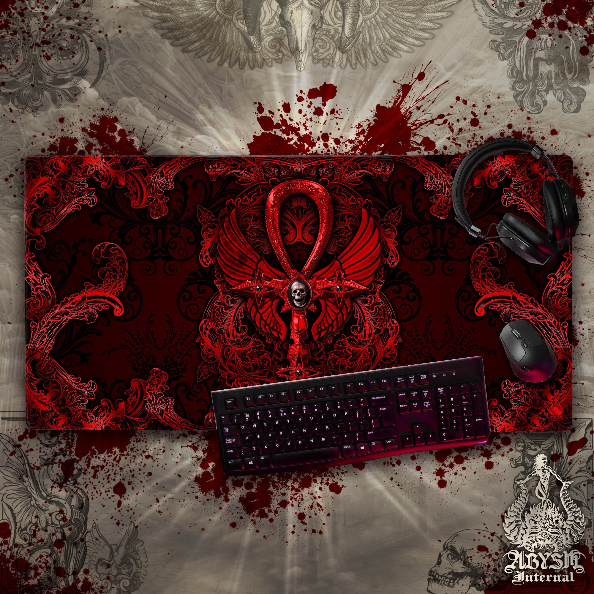 Bloody Goth Mouse Pad, Ankh Gaming Desk Mat, Red and Black Cross Table Protector Cover, Skull Workpad, Dark Art Print – 3 Colors