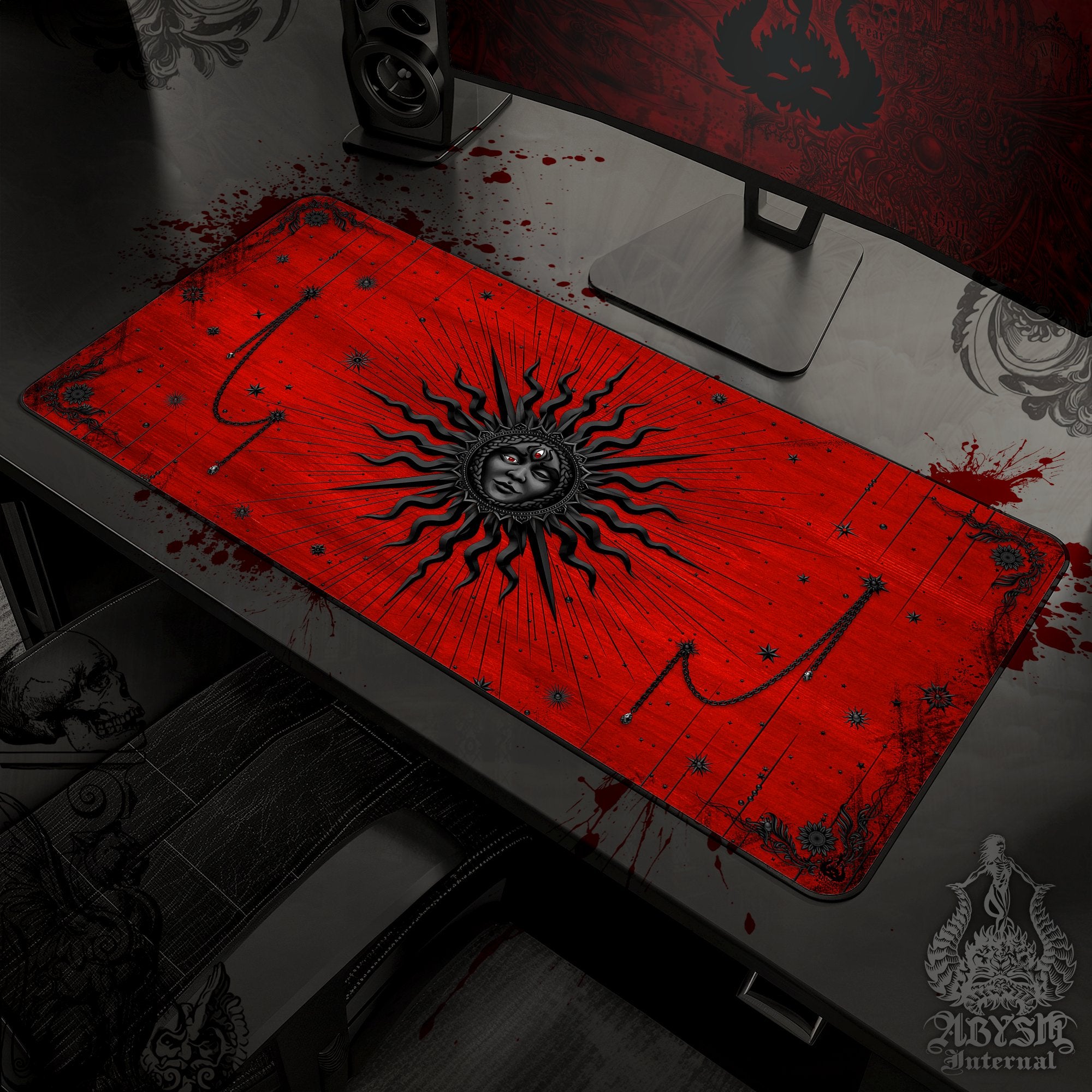 Bloody Gothic Desk Mat, Sun Gaming Mouse Pad, Tarot Arcana Table Protector Cover, Witch Workpad, Esoteric Art Print – Black Red