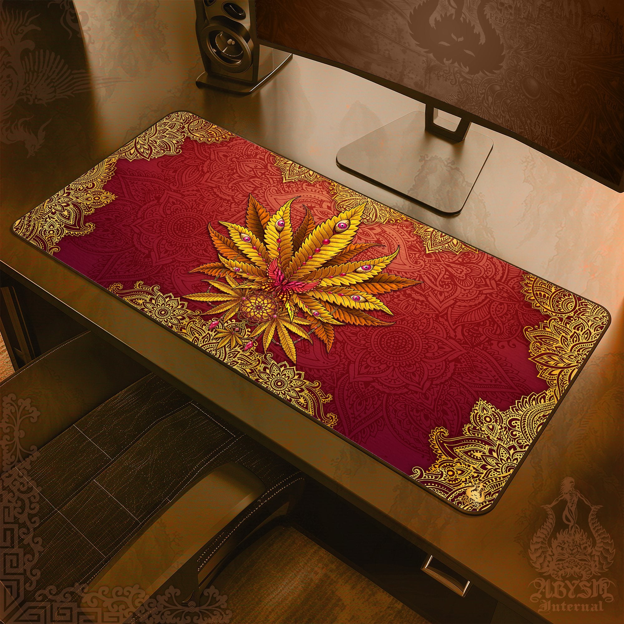 Boho Gaming Mouse Pad, Marijuana Desk Mat, Indie Cannabis Table Protector Cover, Weed Workpad, 420 Art – Mandalas Print